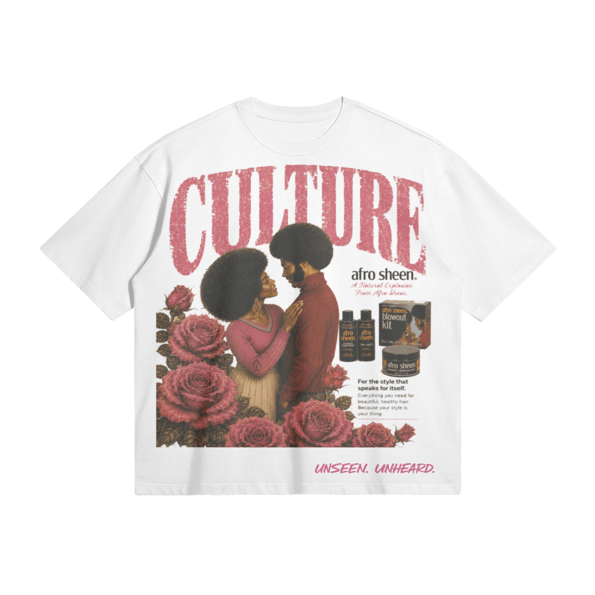 AFRO SHEEN BOXY TEE. - UNSEEN. UNHEARD.
