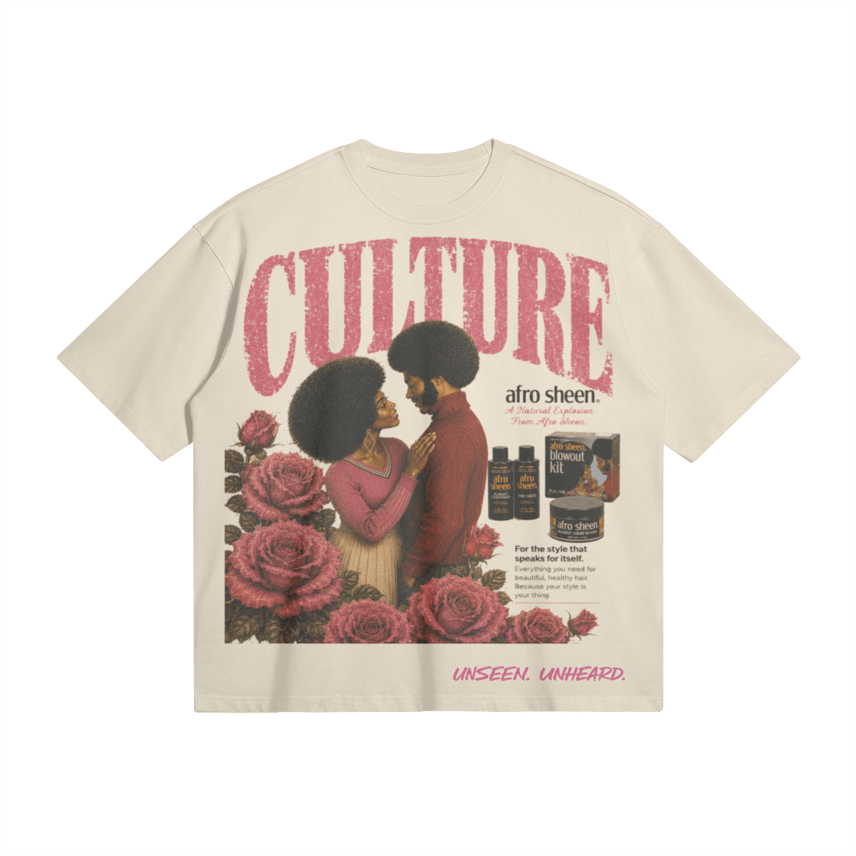 AFRO SHEEN BOXY TEE. - UNSEEN. UNHEARD.