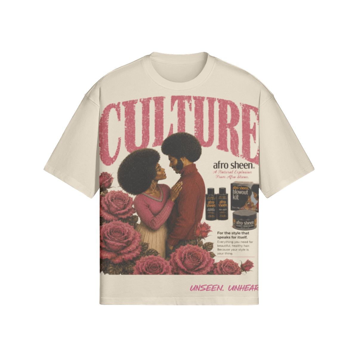 AFRO SHEEN BOXY TEE. - UNSEEN. UNHEARD.
