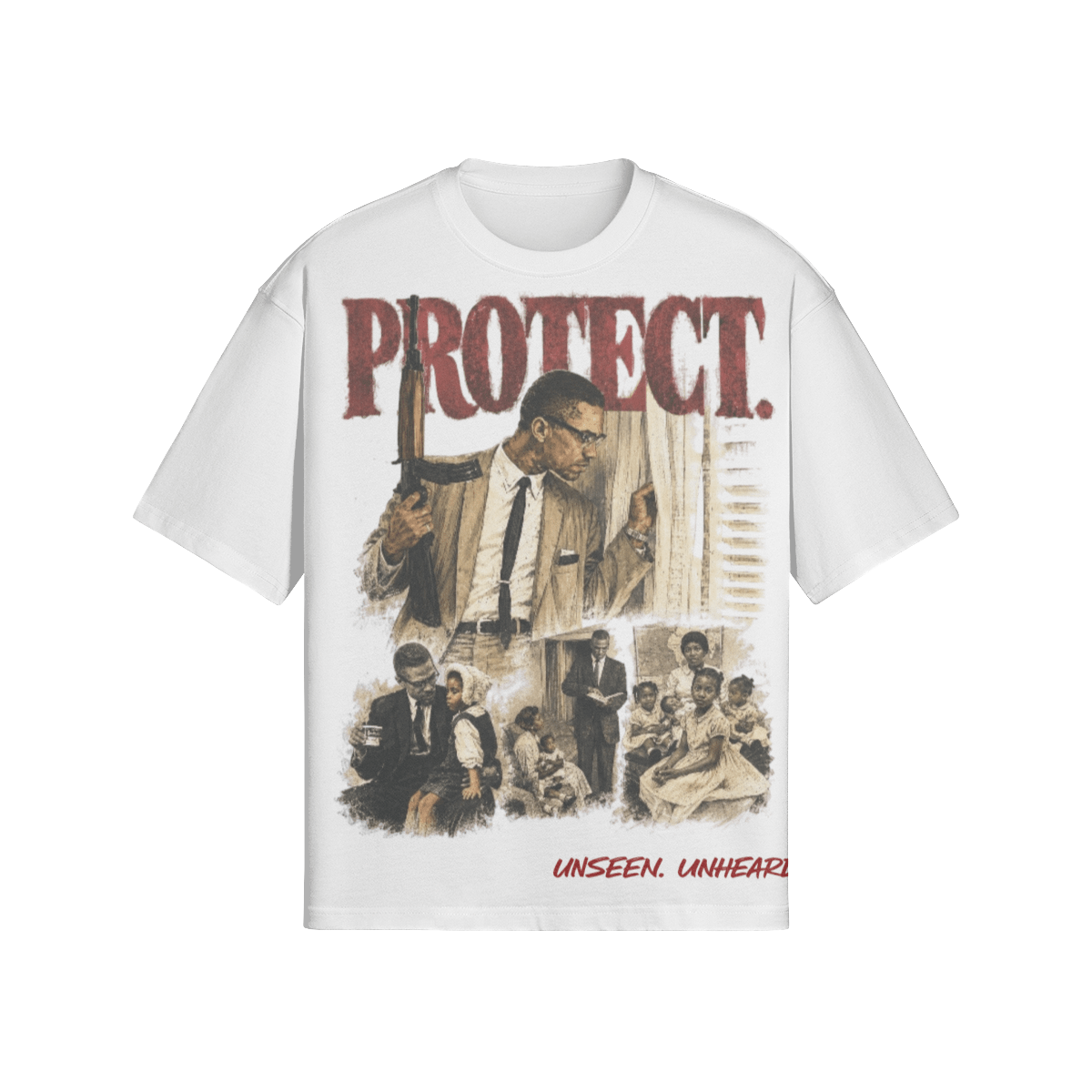 UU X PROTECT. BOXY TEE - UNSEEN. UNHEARD.